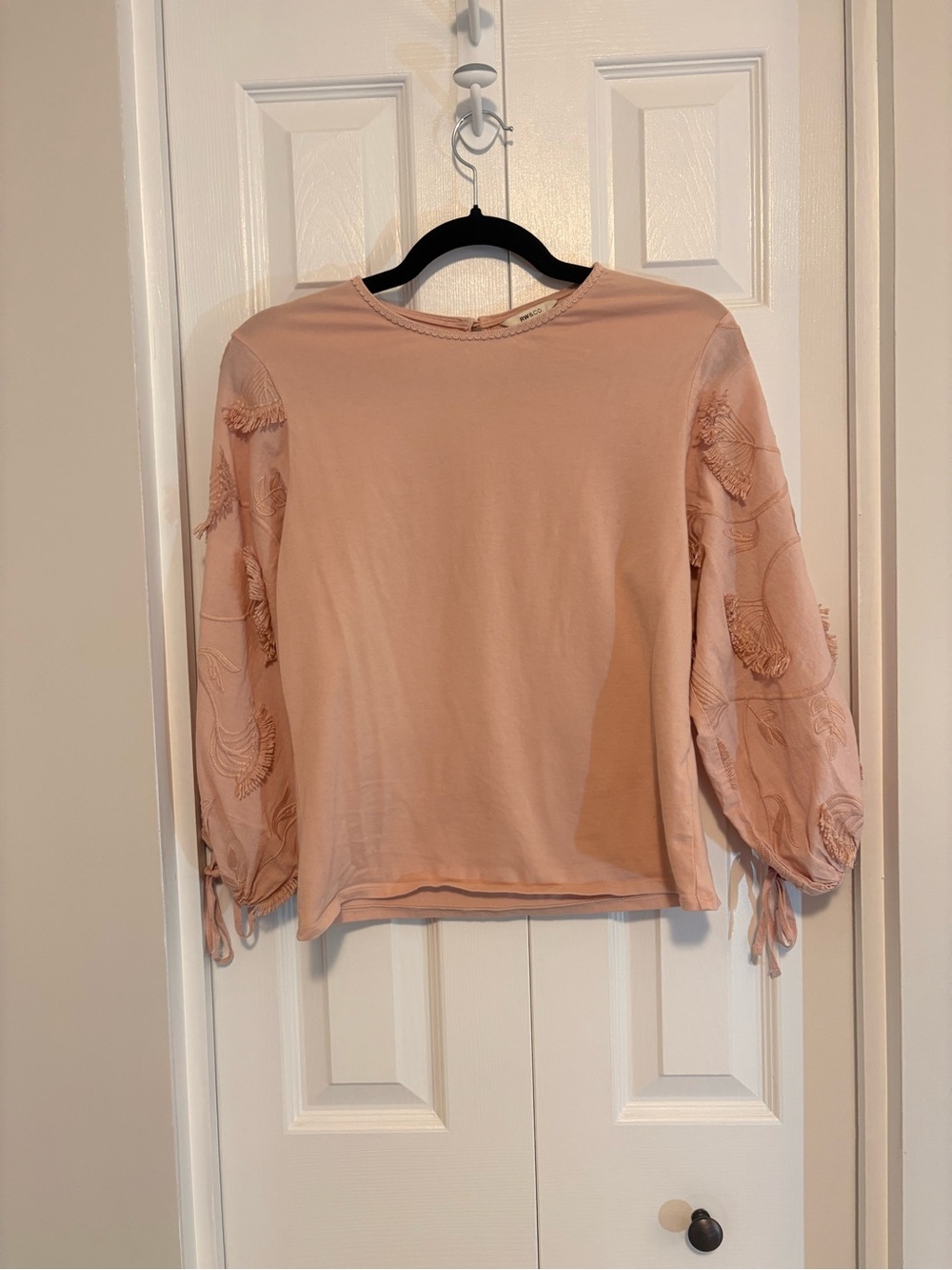 RW&CO. Peach Crewneck Top with Embroidered Statement Balloon Sleeves
